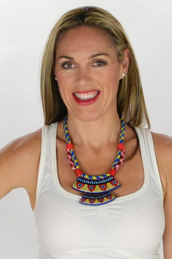 Aztec Steps Necklace by I Love Tunics featuring geometric bead designs on a silver chain.