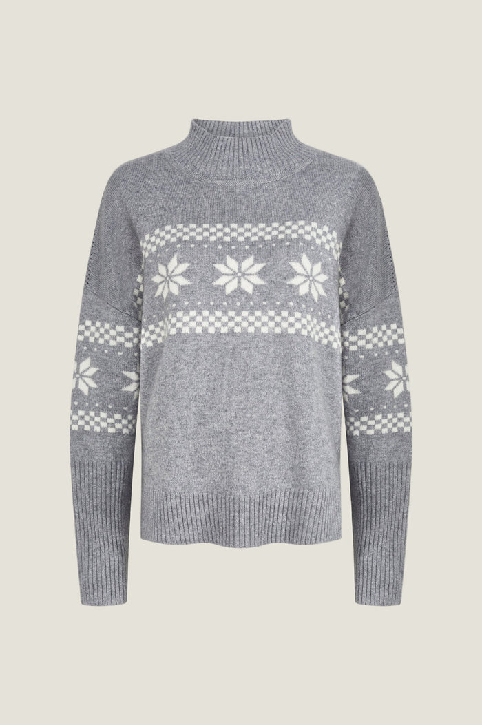 Cashmere Blend Fairisle Funnel Neck Jumper | Grey/Cream - Aspiga