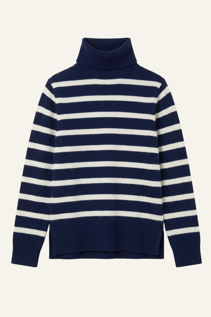 Cashmere Blend Striped Roll Neck Jumper | Navy/Ivory - Aspiga