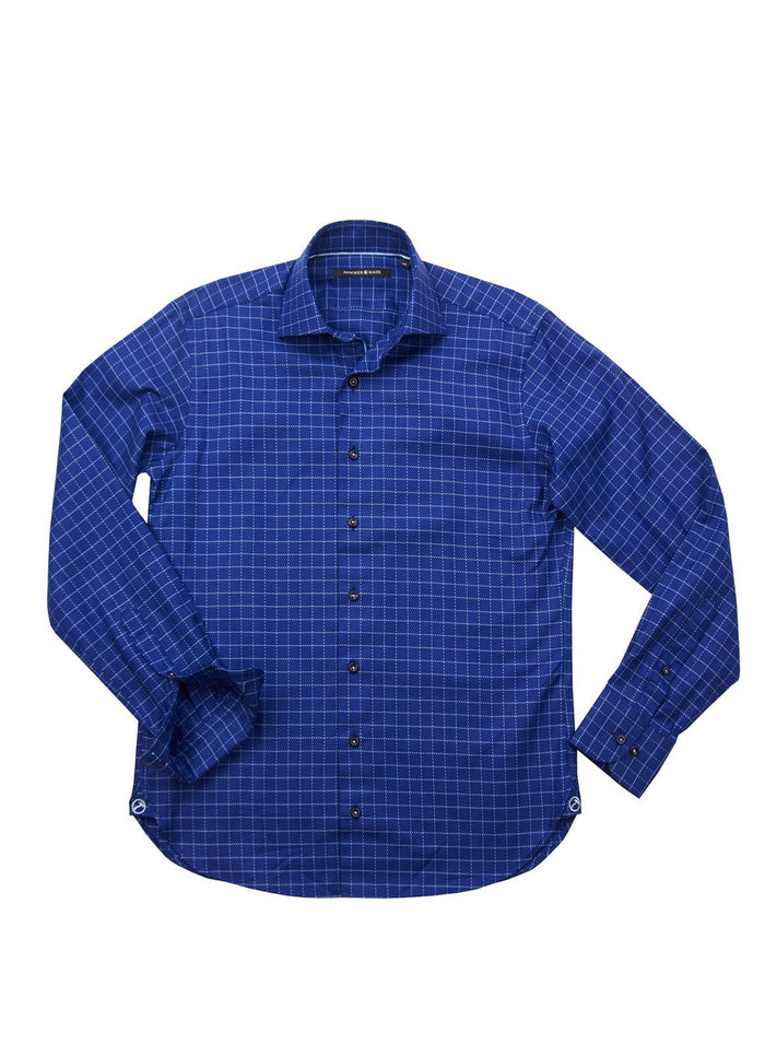 The Como shirt is a blue long-sleeve button-up with a white grid pattern, displayed flat on a white background.