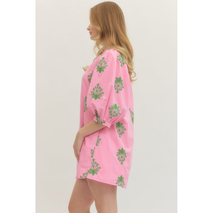 Entro - Embroidered, ¾, Puff Sleeve, Mini Dress 0226 - Pink
