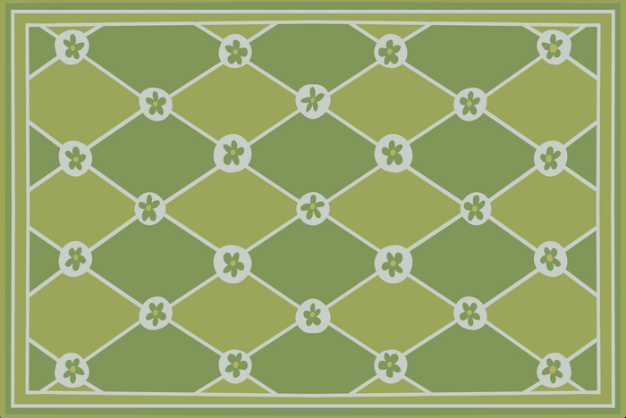 "Hopscotch & Daisies" Green on Green Checkerboard Cottage Floral Vinyl Floor Mat - 24"x36"