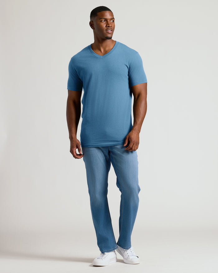 Indigo Tall Short Sleeve Classic V-Neck on man, relaxed pose.