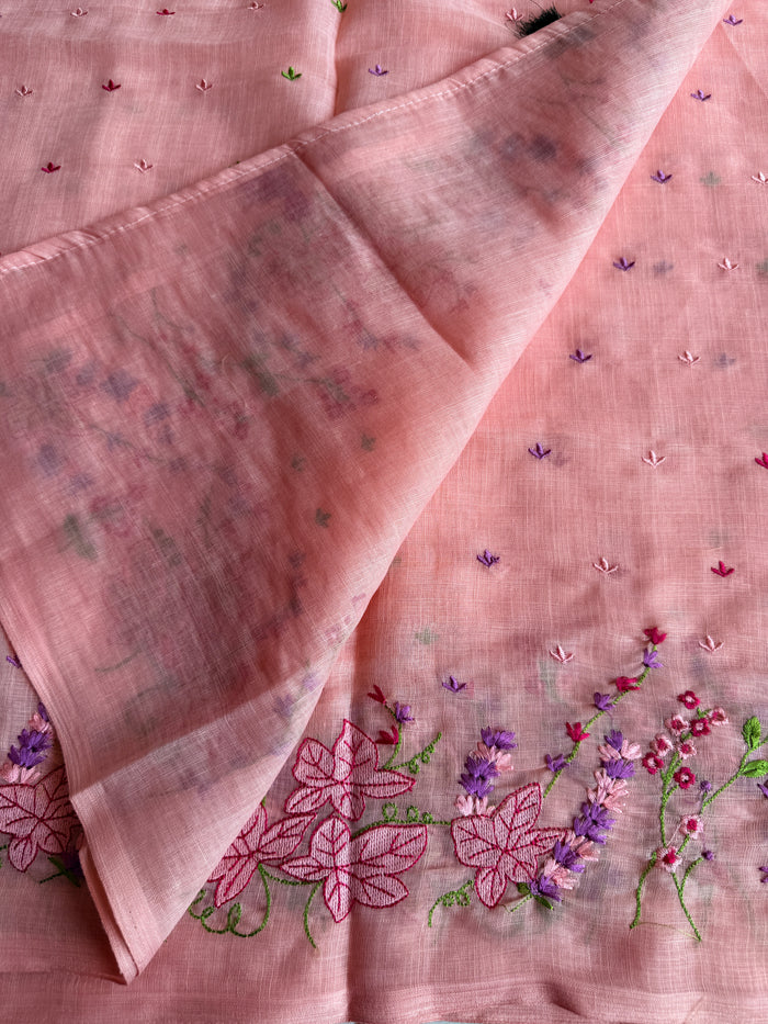 Kana machine emb linen cotton saree