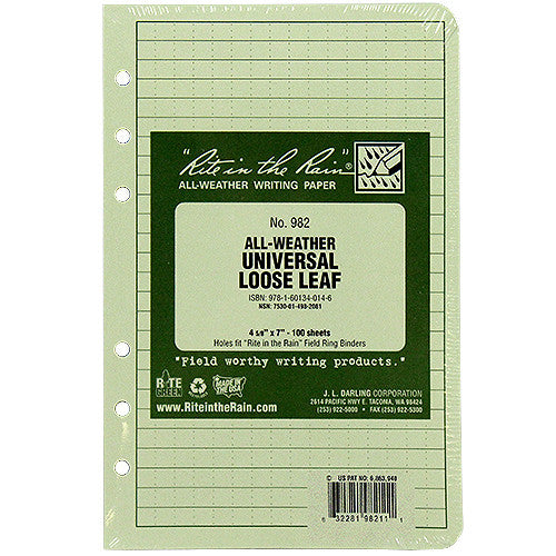 Rite in the Rain All-Weather Tactical Green Universal Loose Leaf Binder Sheets - 100 Sheet Pack Field Manuals and Stationery