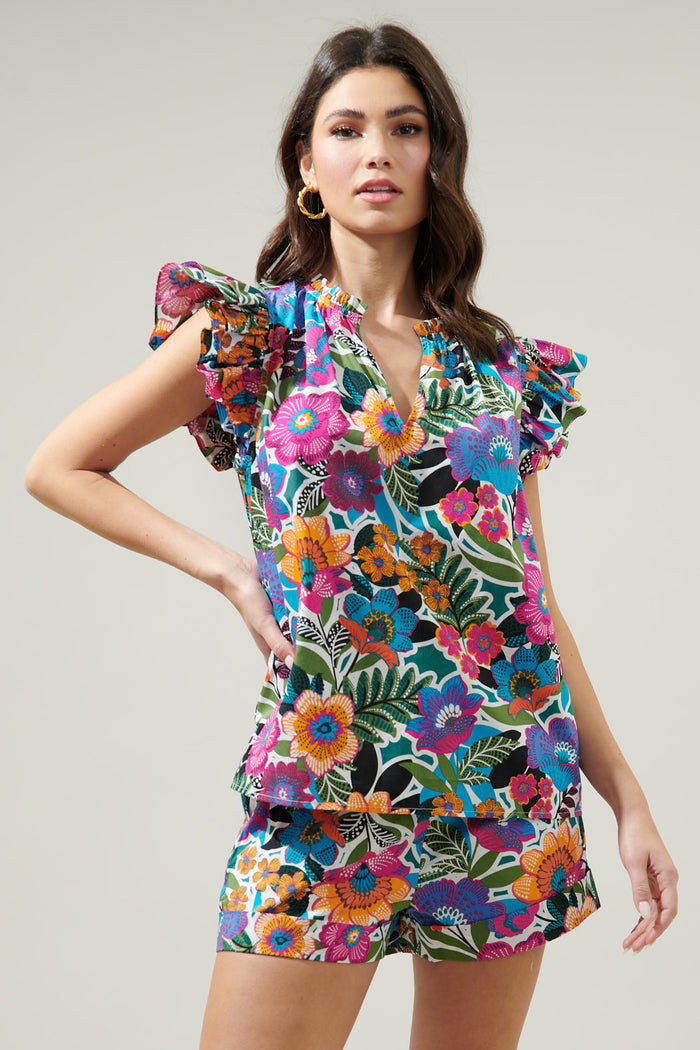 Santa Elena Risette Ruffle Split Neck Top