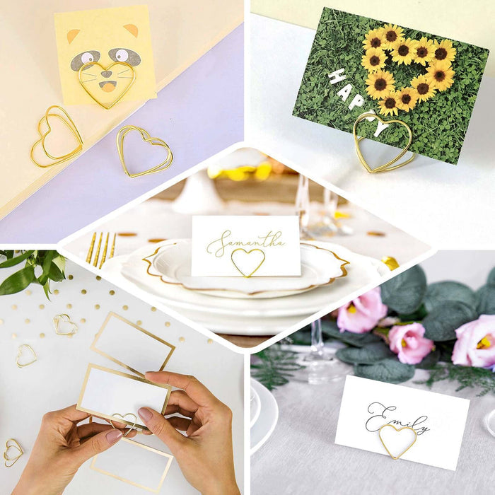 Gold heart-shaped place card holders for weddings and events.