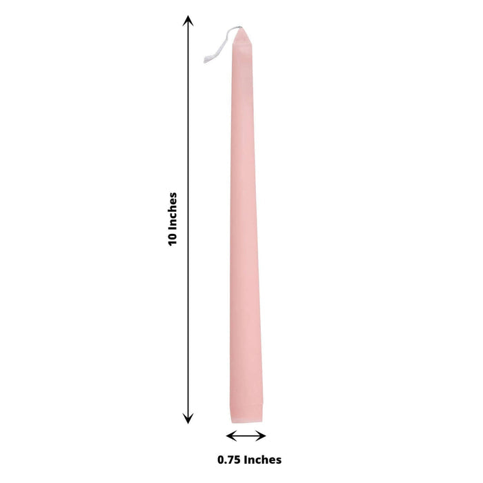Pink taper candle, 10 inches tall and 0.75 inches wide.