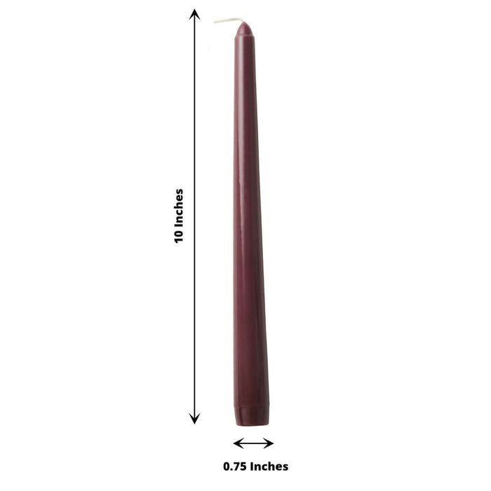 Burgundy taper candle, 10 inches tall and 0.75 inches wide.