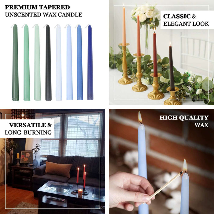 Premium tapered unscented wax candles in various colors