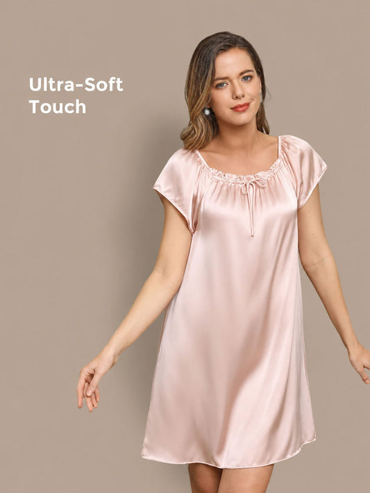 [Light Pink] SilkSilky  Cap Sleeve Square Neck Nightgown 001