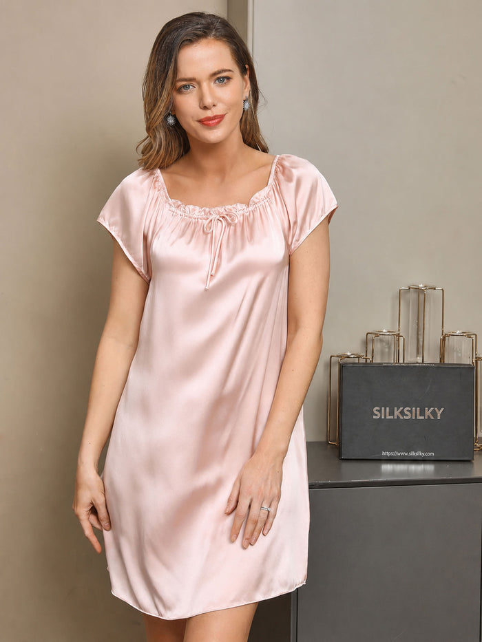 [Light Pink] SilkSilky  Cap Sleeve Square Neck Nightgown 005