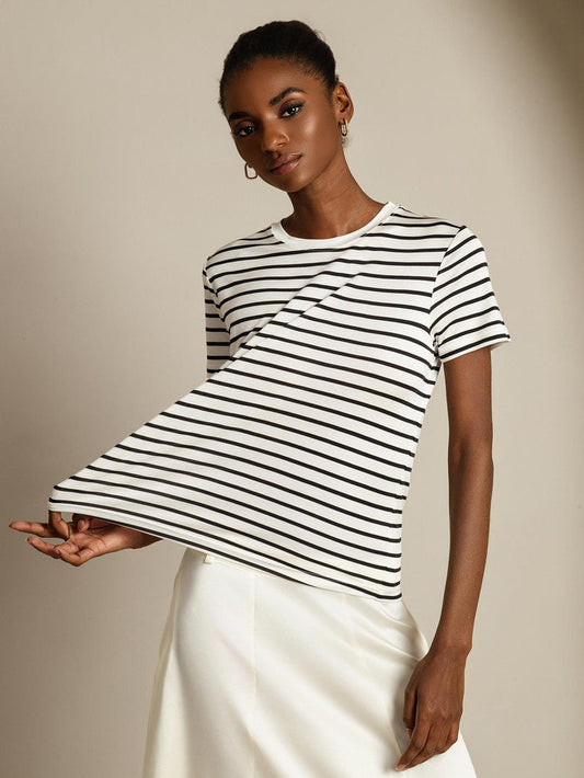 [White Stripe] SilkSilky  Short Sleeve Crew Neck Women's T-Shirt 001