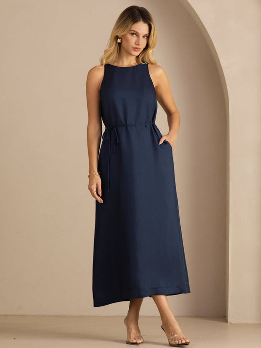 [Dark Blue] SilkSilky  Sleeveless Crew Neck Dress 001