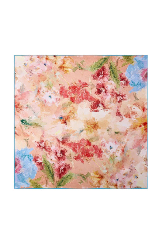 Pastel floral 100% Mulberry silk square scarf with pink, red and blue blossoms