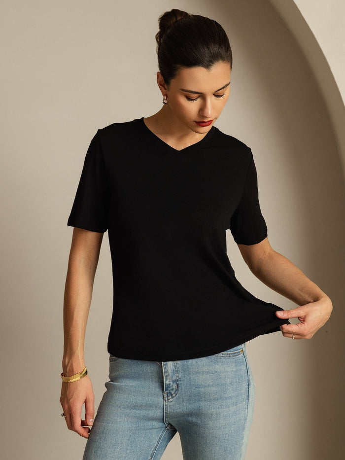 [Black] SilkSilky  Short Sleeve V Neck Women's T-Shirt 003