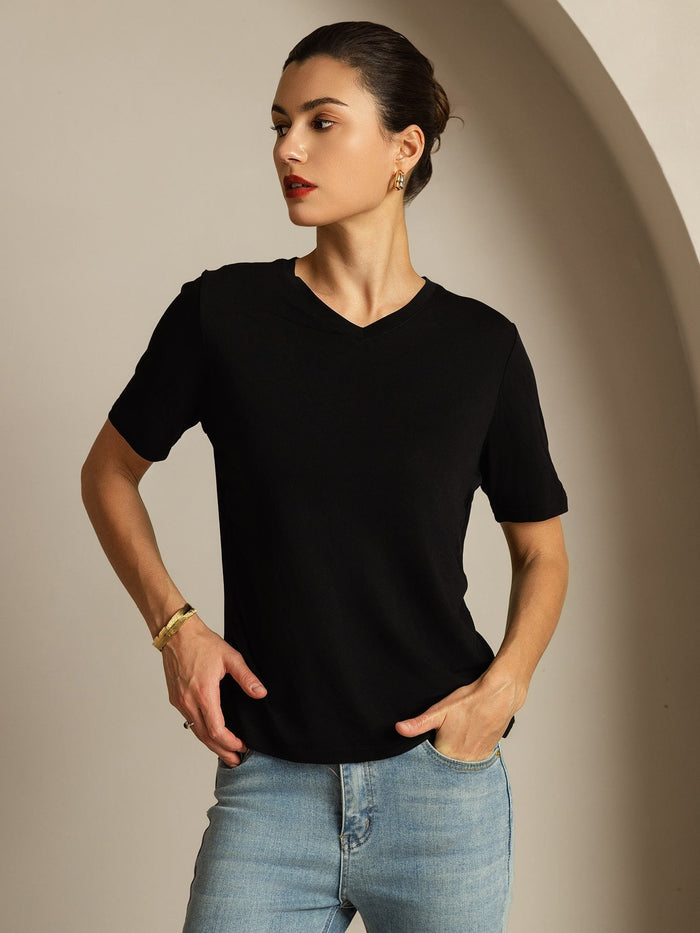 [Black] SilkSilky  Short Sleeve V Neck Women's T-Shirt 006