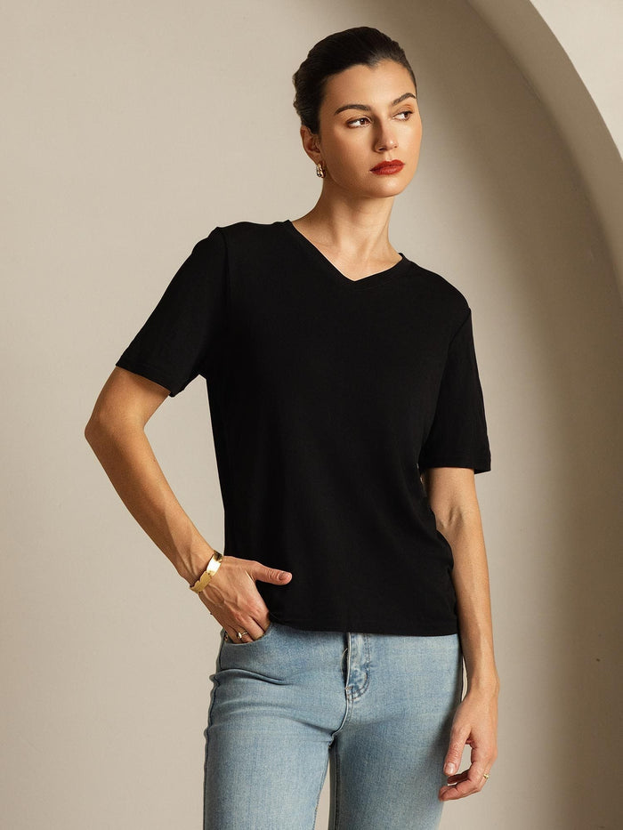[Black] SilkSilky  Short Sleeve V Neck Women's T-Shirt 007