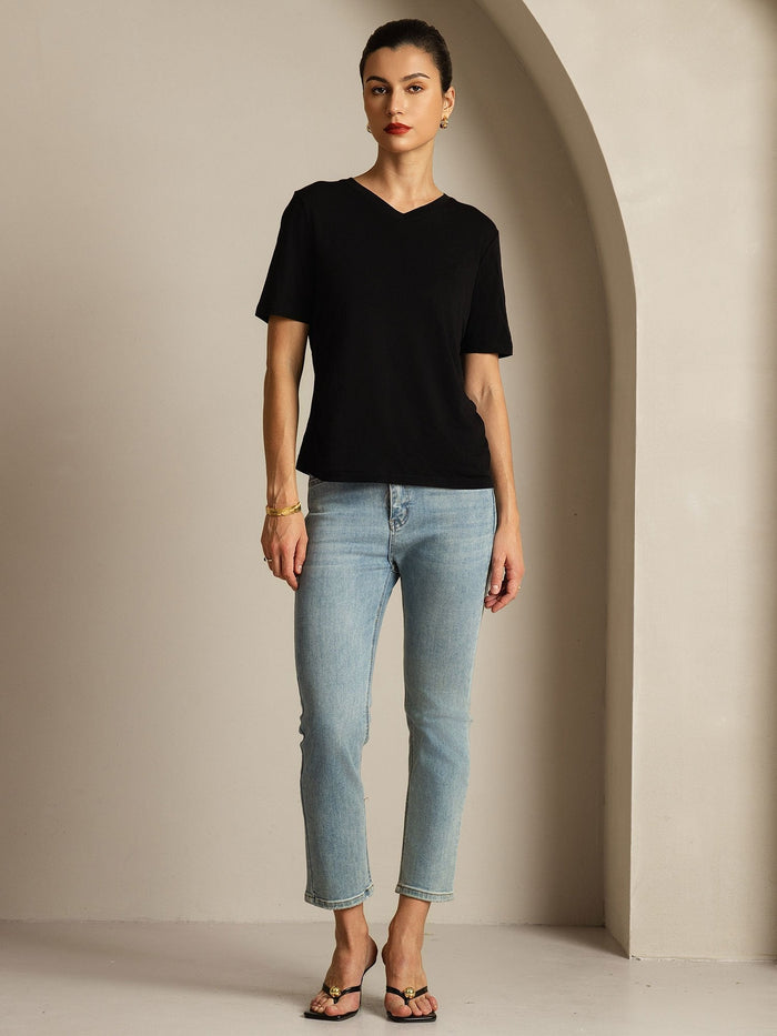 [Black] SilkSilky  Short Sleeve V Neck Women's T-Shirt 008