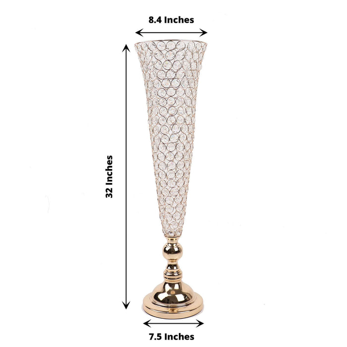 Elegant crystal vase, 32 inches tall, 8.4 inches wide, and 7.5 inches base diameter.