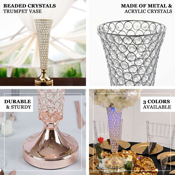 Beaded crystal trumpet vase, durable metal base, available in three colors.