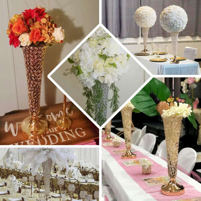 Elegant floral centerpieces for weddings in gold vases and unique designs.