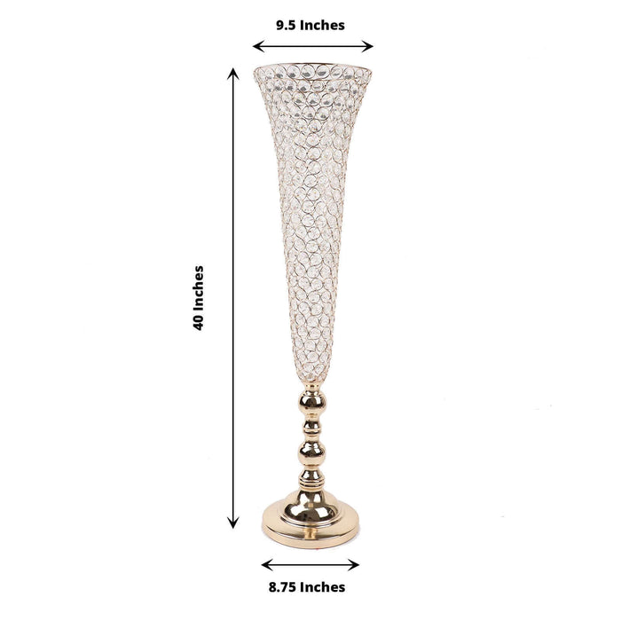 Gold decorative vase with crystal accents, 40 inches tall, 9.5 inches wide.