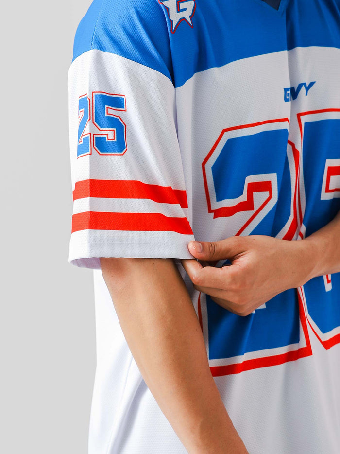#25 basketball jersey female model front view electric blue red Pakistan – GROOVY