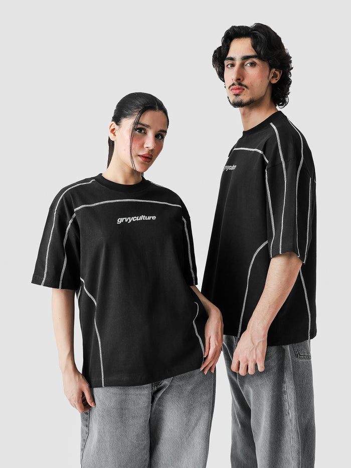 5 Way Stitch Top flat lay black oversized 220 GSM cotton Pakistan – GROOVY