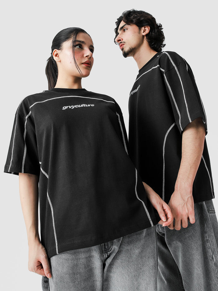5 Way Stitch Top closeup contrast 5 panel stitch detail black tee Pakistan – GROOVY