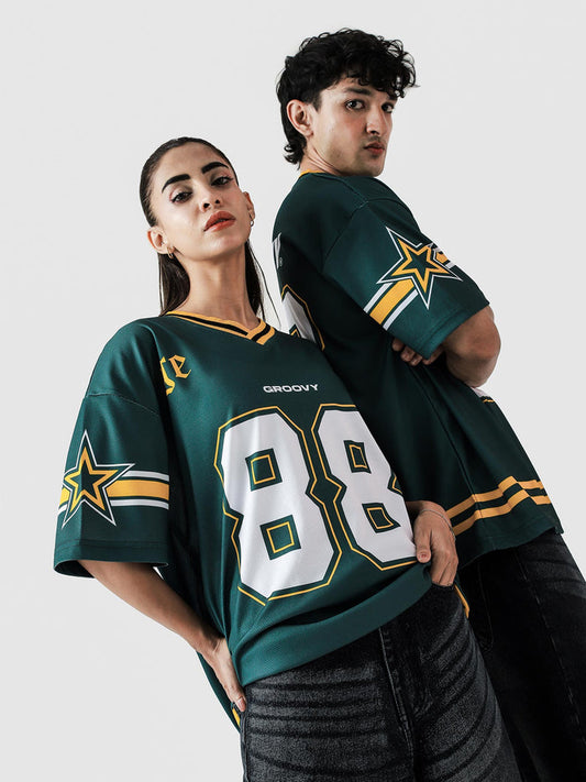 88 Athletics jersey male model half body front graphic detail racing green Pakistan – GROOVY
