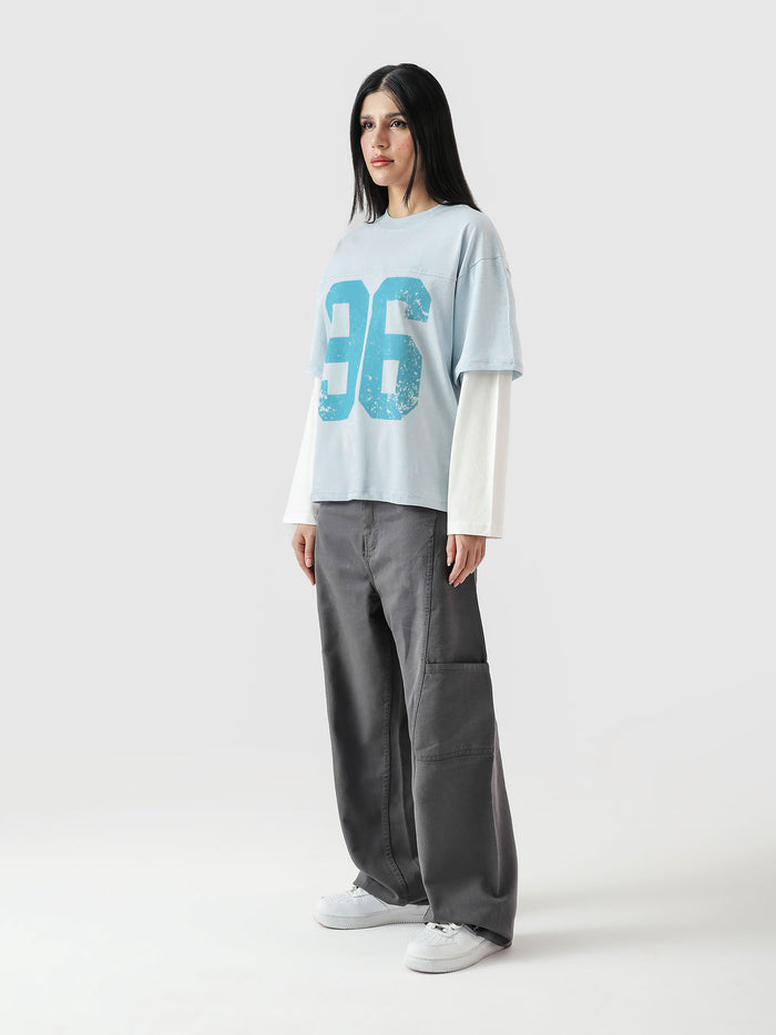 96 Double Layer Jersey frost blue female model front view layered Pakistan – GROOVY