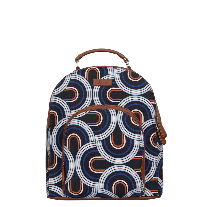 Abstract printed canvas travel backpack with slim vertical silhouette for office and daily use