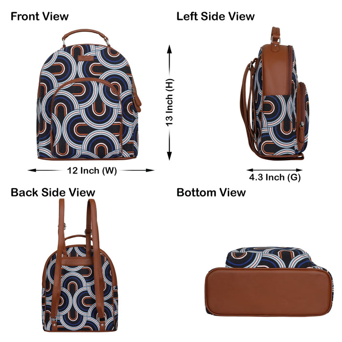Abstract printed canvas travel backpack with slim vertical silhouette for office and daily use- infographic image