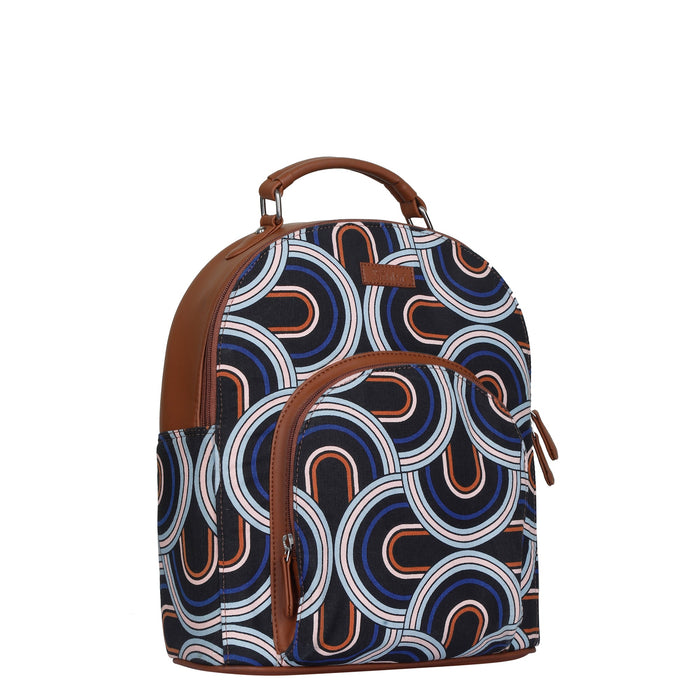 Abstract printed canvas travel backpack with slim vertical silhouette for office and daily use-half side view