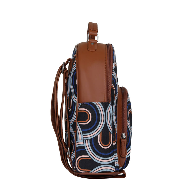 Abstract printed canvas travel backpack with slim vertical silhouette for office and daily use-side view