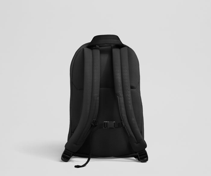 Back view showing the trolley sleeve, padded shoulder straps, and removable chest strap