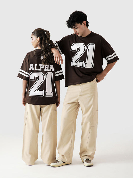 Alpha jersey mocha brown male model back view retro stripe varsity Pakistan – GROOVY