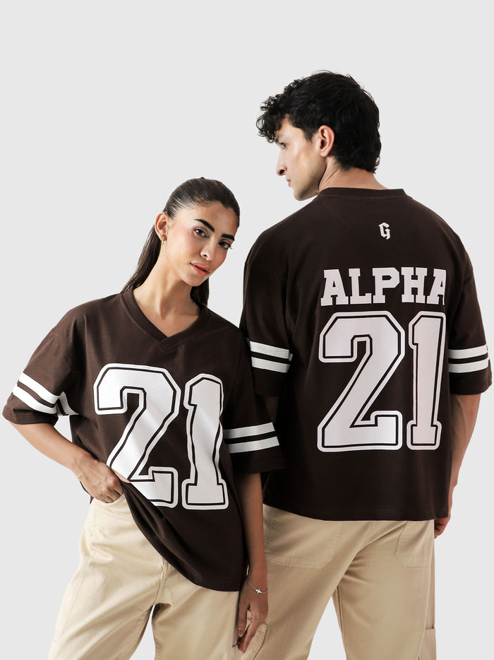 Alpha jersey mocha brown male model side view oversized streetwear Pakistan – GROOVY