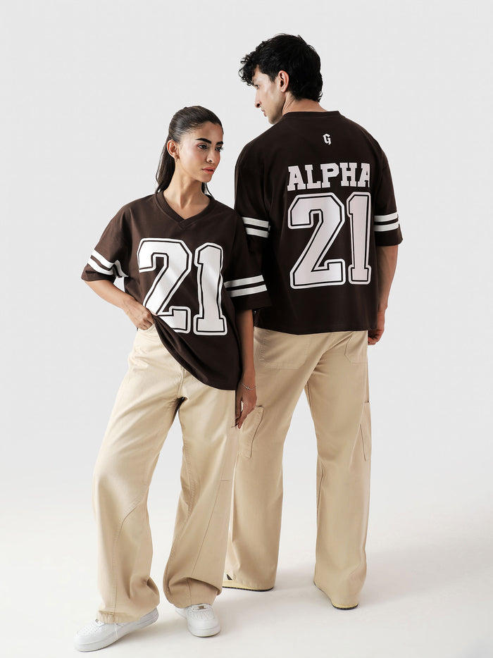Alpha jersey mocha brown female model front view varsity oversized Pakistan – GROOVY
