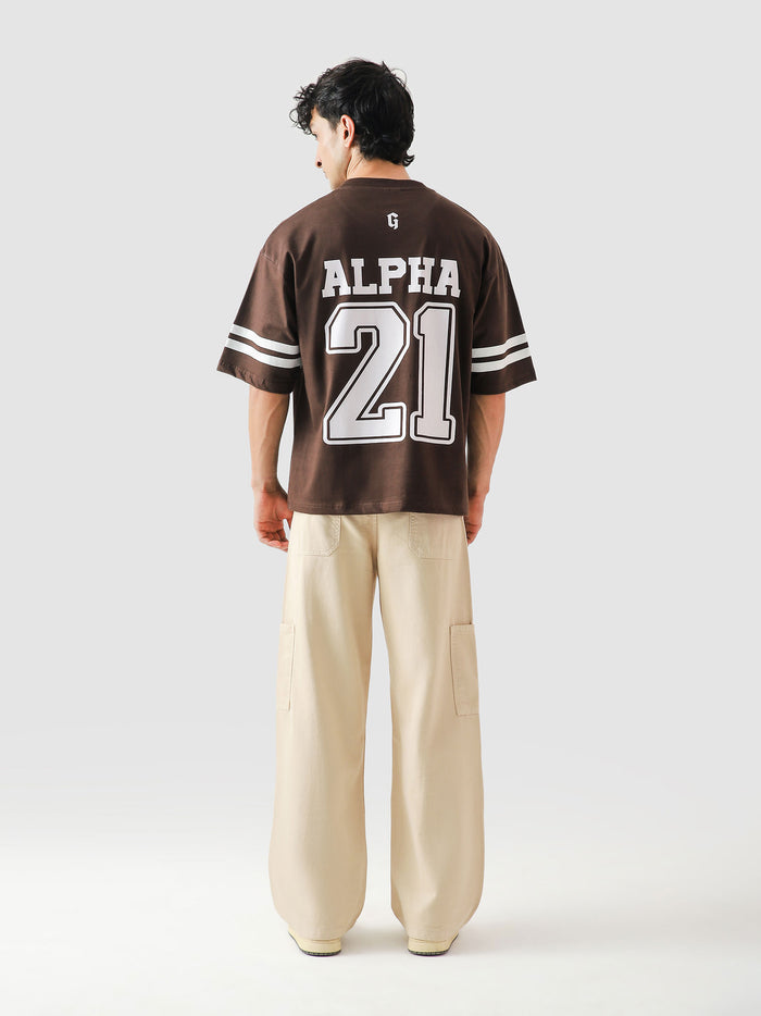 Alpha jersey mocha brown closeup varsity print retro stripe detail Pakistan – GROOVY