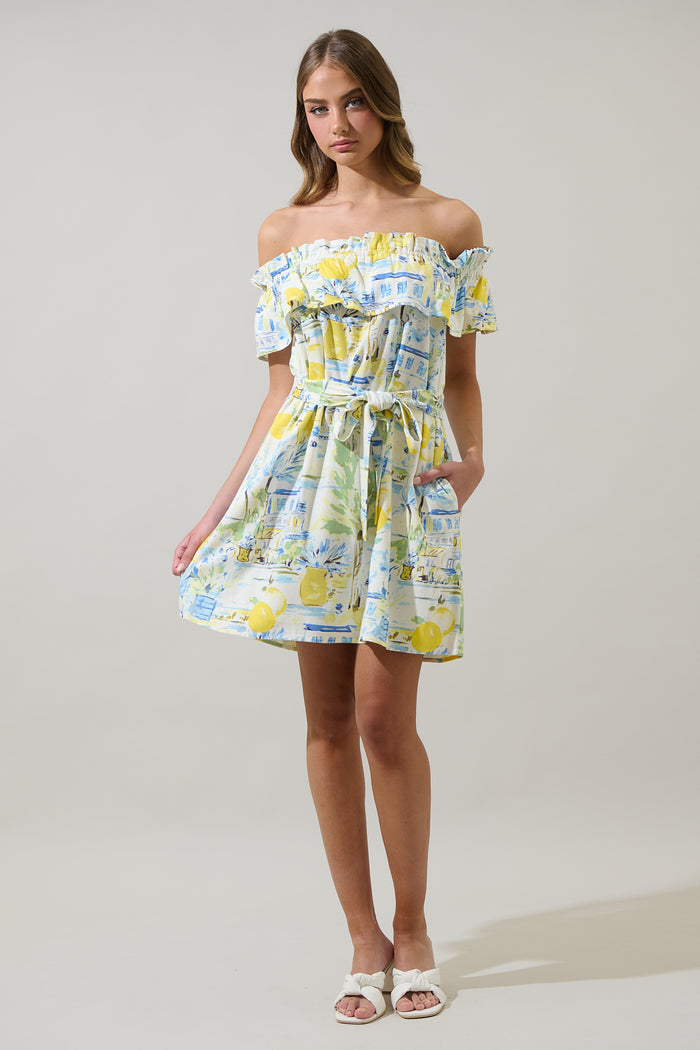Amalfi Coast Off the Shoulder Ruffle Mini Dress