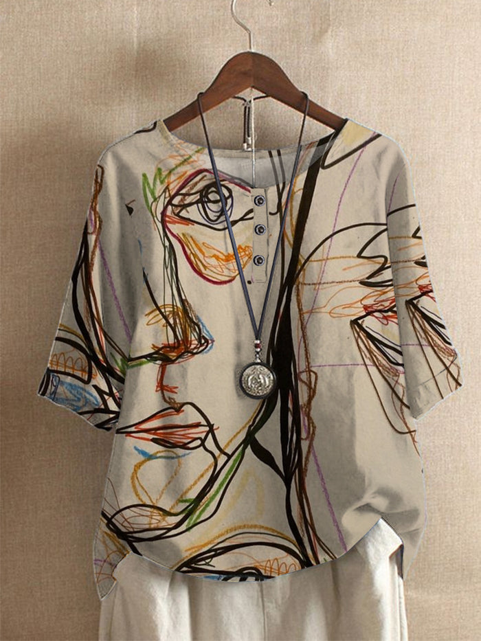 Averitha - T-shirt femme artistique imprimé à manches 3/4 et col rond