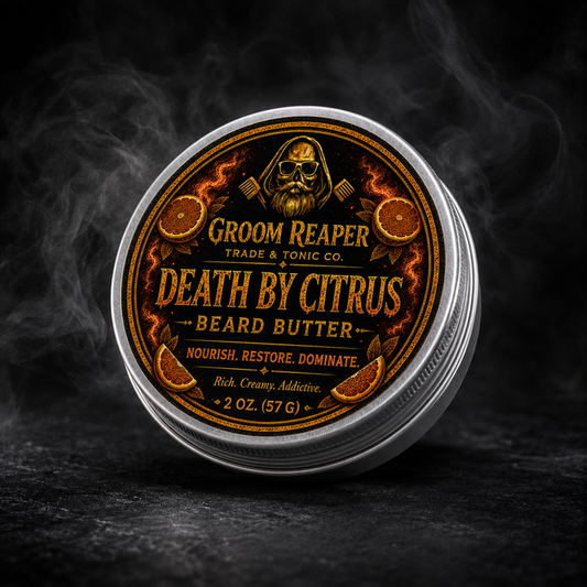 Groom Reaper Death By Citrus Beard Butter – Nourish Restore Dominate – rich creamy addictive – bergamot citrus scent – 2 oz tin – small-batch beard butter for men