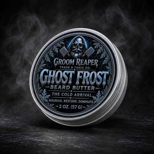 Groom Reaper Ghost Frost Beard Butter – The Cold Arrival – nourish restore dominate – vanilla mint scent – 2 oz tin – small-batch beard butter for men