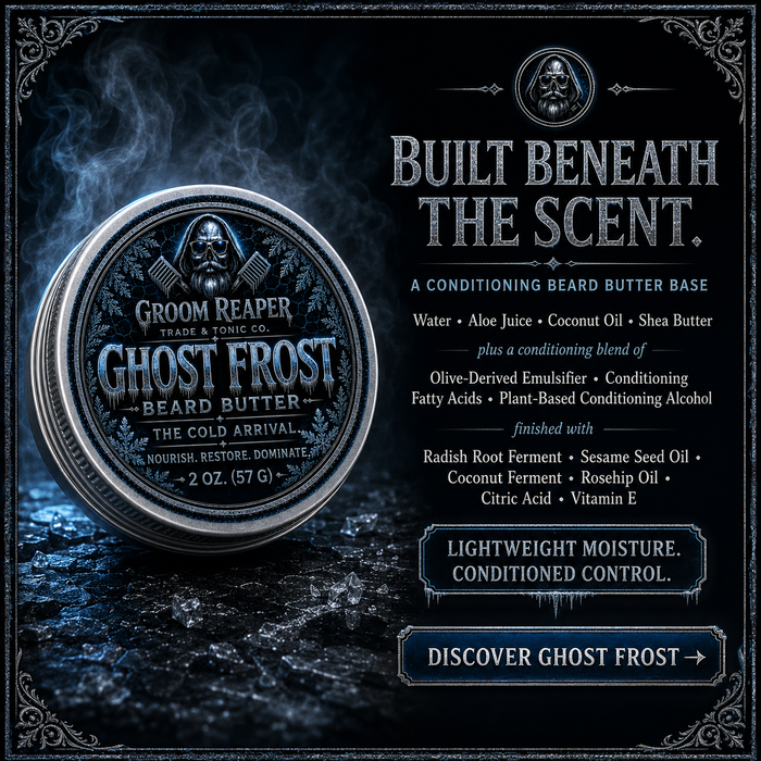 Ghost Frost Beard Butter ingredients – water, aloe juice, coconut oil, shea butter, olive-derived emulsifier, conditioning fatty acids, plant-based conditioning alcohol, radish root ferment, sesame seed oil, coconut ferment, rosehip oil, citric acid, vitamin E – lightweight moisture conditioned control