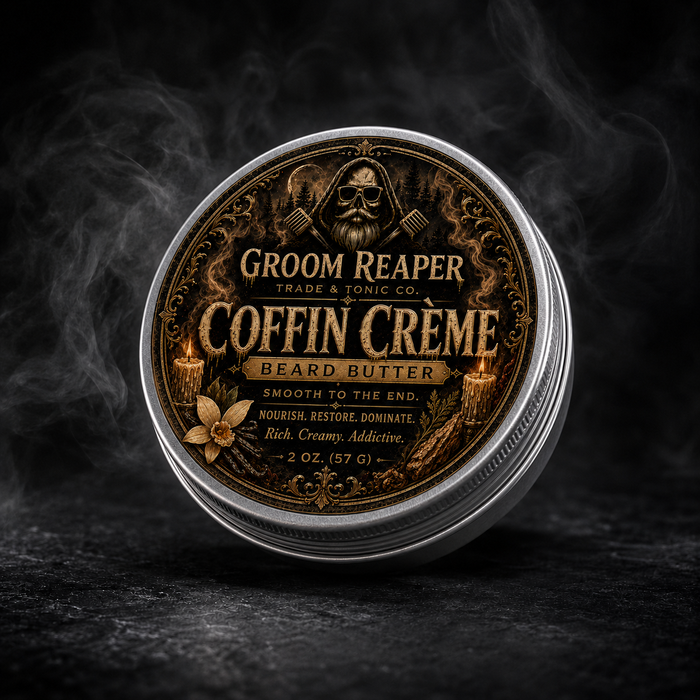 Groom Reaper Coffin Crème Beard Butter – Smooth to the End – nourish restore dominate – warm vanilla and soft woods scent – 2 oz tin – small-batch beard butter for men