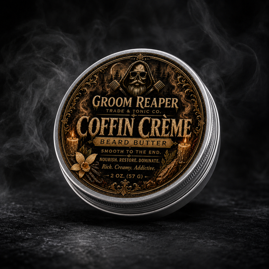 Groom Reaper Coffin Crème Beard Butter – Smooth to the End – nourish restore dominate – warm vanilla and soft woods scent – 2 oz tin – small-batch beard butter for men