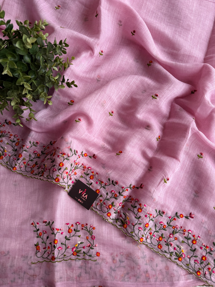 Bhoti machine emb linen cotton saree-Pink