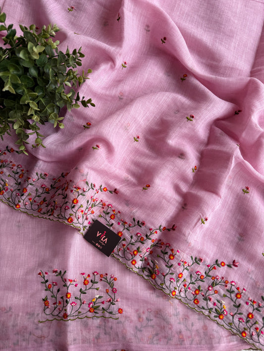 Bhoti machine emb linen cotton saree-Pink